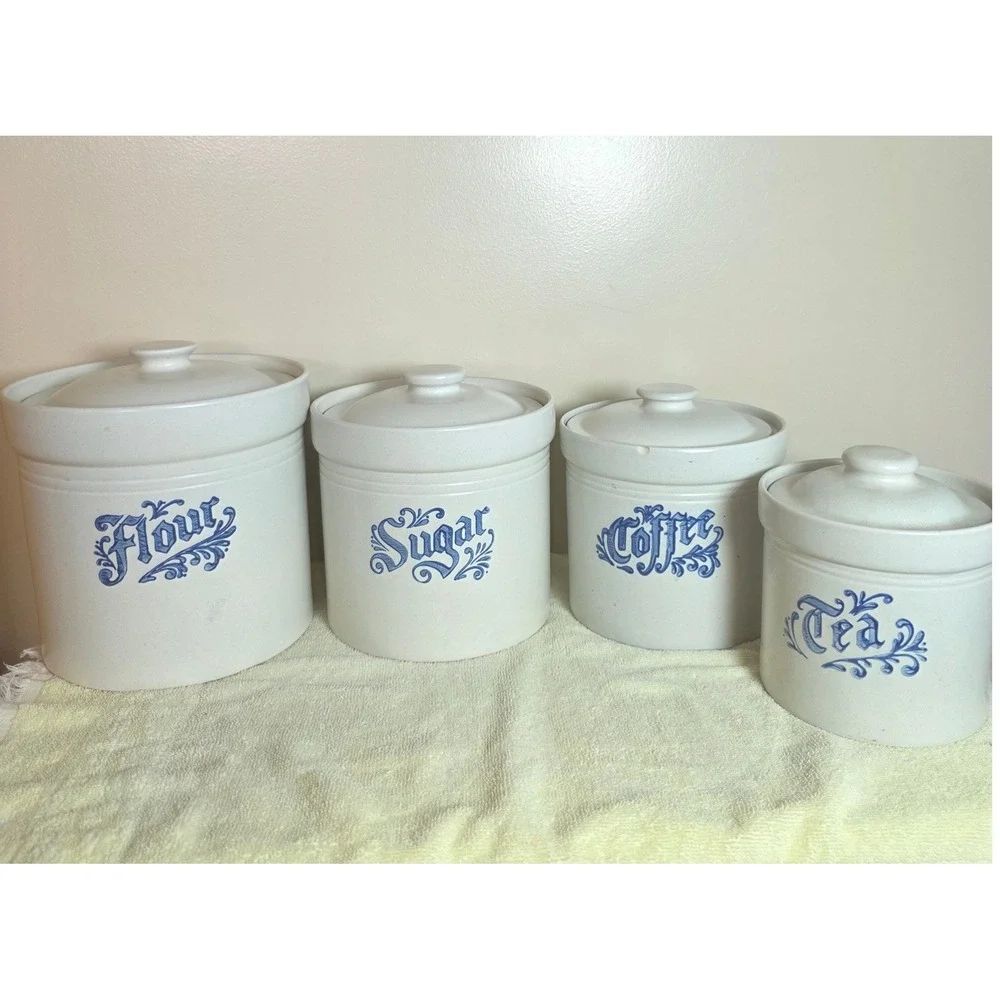 Vintage Pfaltzgraff Yorktowne Blue Canister Set Flour Sugar Coffee Tea